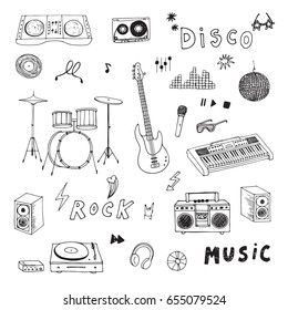 Hand drawn doodle rock music instruments vector graphic set