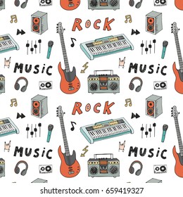Hand drawn doodle rock music instruments vector graphic pattern