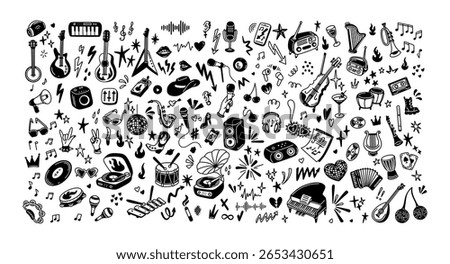Hand drawn doodle rock, punk, pop music festival funky background. Karaoke, bachelorette girly party, disco graphic vector design. Emo goth grunge tattoo, graffiti, stickers, icons. Heart, star shape