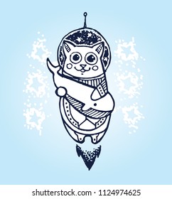 Hand drawn doodle rocket cat in space around stars