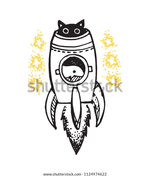 Hand Drawn Doodle Rocket Cat Space Stock Vector (Royalty Free