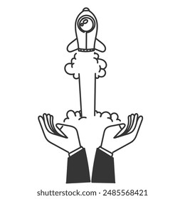 Handgezeichneter Doodle Raketenstart aus der Handfläche