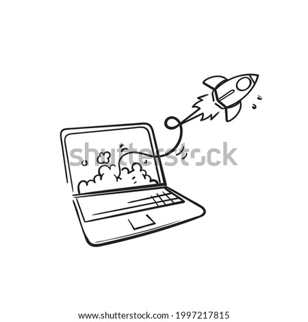 hand drawn doodle rocket launch from laptop or computer symbol for start up launch illustration vector