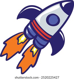 Rabiscar desenhado à mão da nave espacial Rocket. Espaçonave de contorno de desenhos animados de vetor colorido com trilha de fogo