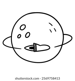 Hand drawn doodle rocket spaceship flying around the planet isolated on a white background. Vector illustration.