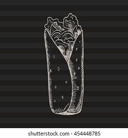 Hand drawn doodle roll. Good for cafe, menu, recipes. Drawn by ink. White lines on the black background