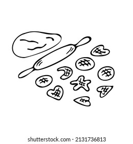 Doodle dibujado a mano Rolling Pin con masa y galletas fondo blanco aislado 
