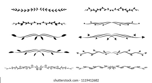 Hand drawn doodle romantic set. Floral borders, dingbats, dividers with branches and leaves isolated on white background. ornament design elements vector vintage dividing shapes illustration

