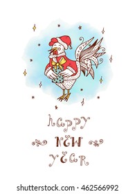 Hand drawn doodle Rooster with gift. Happy New Year card. Winter Holiday background with funny Cock. Rooster symbol of Chinese New Year - vector illustration