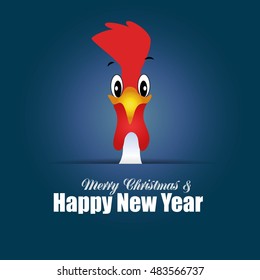 Hand drawn doodle Rooster with gift. Happy New Year card. Winter Holiday background with funny Cock. Christmas card with icon of the bird. Rooster symbol of Chinese New Year vector illustration