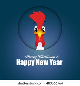 Hand drawn doodle Rooster with gift. Happy New Year card. Winter Holiday background with funny Cock. Christmas card with icon of the bird. Rooster symbol of Chinese New Year vector illustration