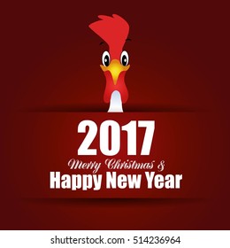 Hand drawn doodle Rooster with gift. Happy New Year card. Winter Holiday background with funny Cock. Christmas card with icon of the bird. Rooster symbol of Chinese New Year vector illustration