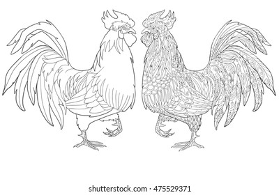 Hand drawn doodle rooster page. Illustration for adult anti-stress coloring book, tattoo, print on t-shirt.