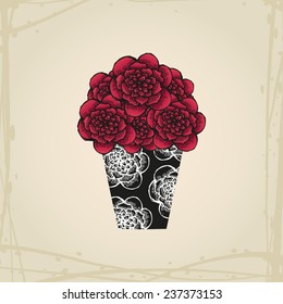 Hand drawn doodle roses in tattoo style and black vase on grunge background. Vector illustration