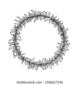 hand drawn doodle round frame floral leaves. black and white line