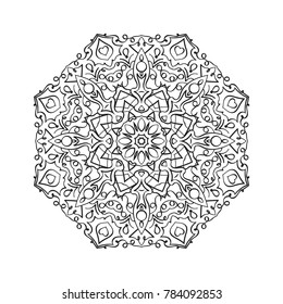 Hand drawn doodle round mandala coloring pattern. Monochrome circling design element for your artwork
