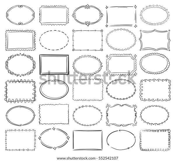 手描きの落書き 丸 と正方形のベクター画像枠 ビンテージレトロなスケッチフレーム バナー 画像 写真イラストの描画フレーム のベクター画像素材 ロイヤリティフリー