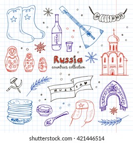 Hand drawn doodle Russia travel set.  Sketchy Icons set. Travel Collection. Isolated vector illustration.