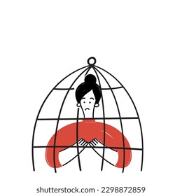doodle dibujado a mano triste humano en la ilustración del icono de la jaula