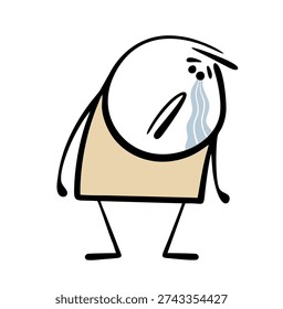 Hand drawn doodle sad man in depression and melancholy suffers, sheds tears and sobs. Vector illustration of a cartoon character and blue Monday. Psychological help is needed.