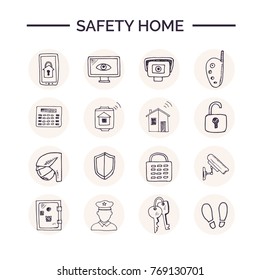 Hand drawn doodle safety home set  Vector illustration  Isolated elements Symbol collection 