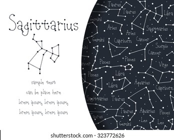 Hand drawn doodle Sagittarius astrological sign card, brochure, booklet, cover. Astrological horoscope background