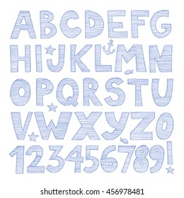 Hand drawn doodle sailor vector alphabet for children