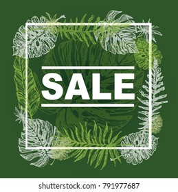 Hand drawn doodle sale banner with palm tree leaves. Sale banner