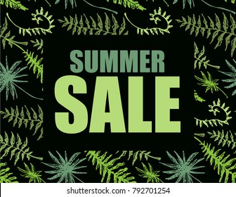 Hand drawn doodle sale banner with palm tree leaves. Summer sale