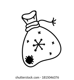 Hand drawn doodle santa claus bag with snowflake. Christmas element.
Childish cute vector illustration isolated on white background.