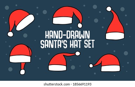 Hand drawn doodle santa claus hats collection. New Year festive set of cartoon red hats. Vector illustration of celebrating christmas