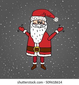 Hand drawn doodle Santa Claus with gifts icon. Vector illustration. Cartoon red hat Happy new year Santa Claus symbol Sketchy funny Merry Christmas element Traditional holiday present decoration. Xmas