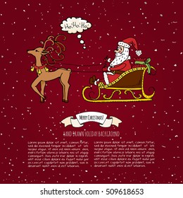 Hand drawn doodle Santa Claus with gifts on sleigh with christmas deer icon. Vector illustration Cartoon red hat Happy new year Santa Claus Sketchy funny Merry Christmas Traditional holiday decoration