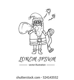 Hand drawn doodle Santa Claus with gifts list icon. Vector illustration. Cartoon red hat Happy new year Santa Claus symbol Sketchy funny Merry Christmas element Traditional holiday present decoration.