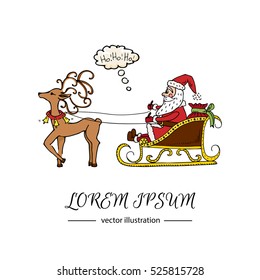 Hand drawn doodle Santa Claus with gifts on sleigh with christmas deer icon. Vector illustration Cartoon red hat Happy new year Santa Claus Sketchy funny Merry Christmas Traditional holiday decoration