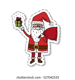 Hand drawn doodle Santa Claus with gifts icon. Vector illustration. Cartoon red hat Happy new year Santa Claus symbol Sketchy funny Merry Christmas element Traditional holiday present decoration.