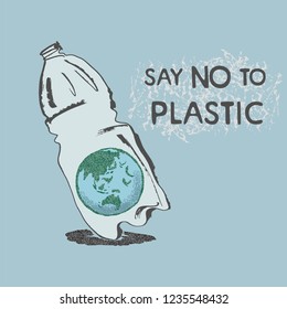 Hand drawn doodle Say no to Plastic illustration, logo. Planet Earth in the bottle with lettering. Save World ecology concept