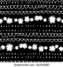 Hand Drawn Doodle Scallop Patter with Pom Pom Puff - Seamless Repeat Pattern Tile - Monochromatic Black and White