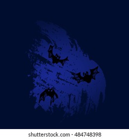 Hand drawn doodle scary bats silhouettes. Black illustration, blue painted background.