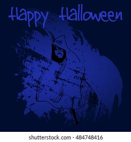 Hand drawn doodle scary ghost silhouette. Black illustration, blue painted background. Happy Halloween.