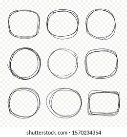 Hand drawn doodle scetch. Circle vector round set, scribble line collection. Circles Frame for message. Pencil or pen vector illustration isolated on transparent background.