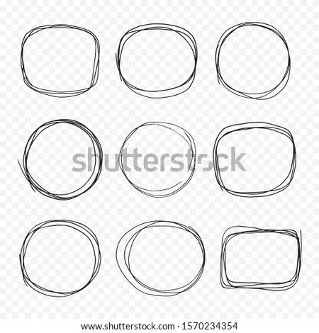 Hand drawn doodle scetch. Circle vector round set, scribble line collection. Circles Frame for message. Pencil or pen vector illustration isolated on transparent background.