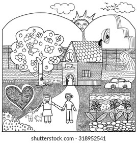 hand drawn and doodle School art,Happy family in country
