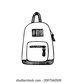 Escuela de doodles a mano y mochila de campamento. Piloto de mochila vectorial. Esquema.