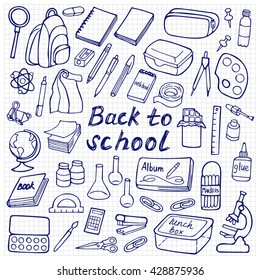 Hand drawn doodle school elements on squared background