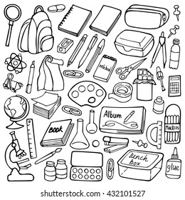 Hand drawn doodle school elements on white background