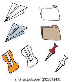 Hand drawn doodle for school. Folder for papers, pencil sharpener, paper plane, button. Vector illustration.