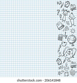 hand drawn doodle school icons border arranged on right side, on squared paper background, blue colors