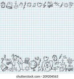 Hand Drawn Doodle School Icons Border At The Bottom Of Page, On Squared Paper Background, Blue Colors