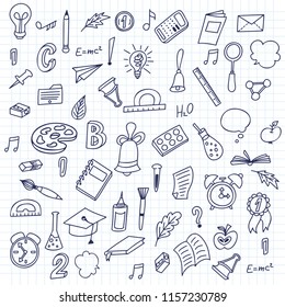Hand drawn doodle school objects. Concept of education. Verious stuff on vector illustration.